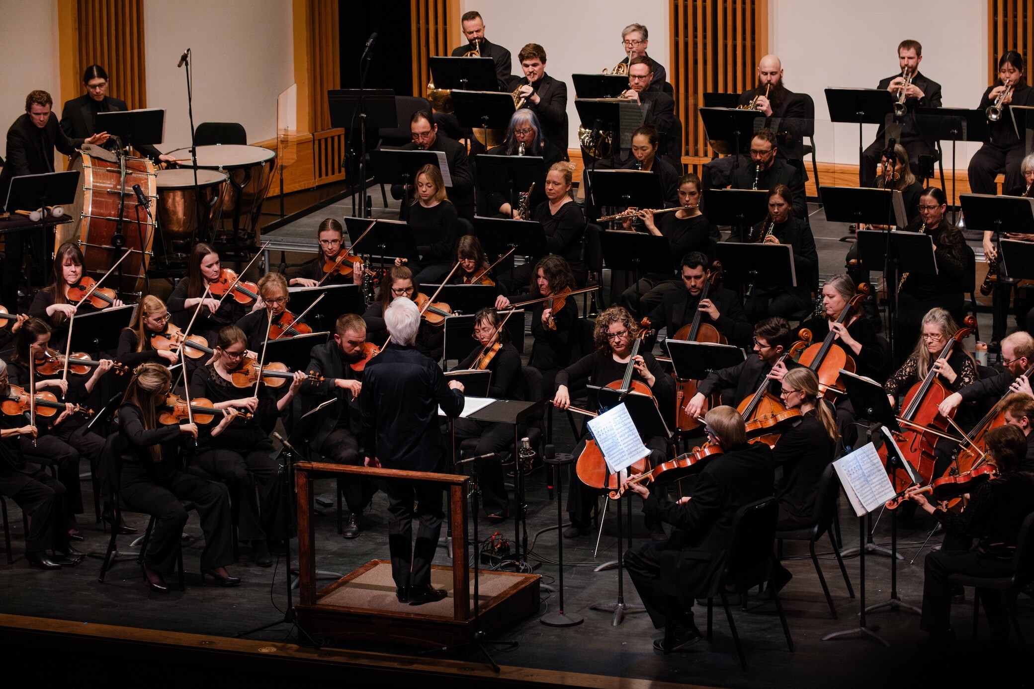 2025_Boise Philharmonic_Sym 4-70 A conductor leads the full Boise Phil orchestra on stage.