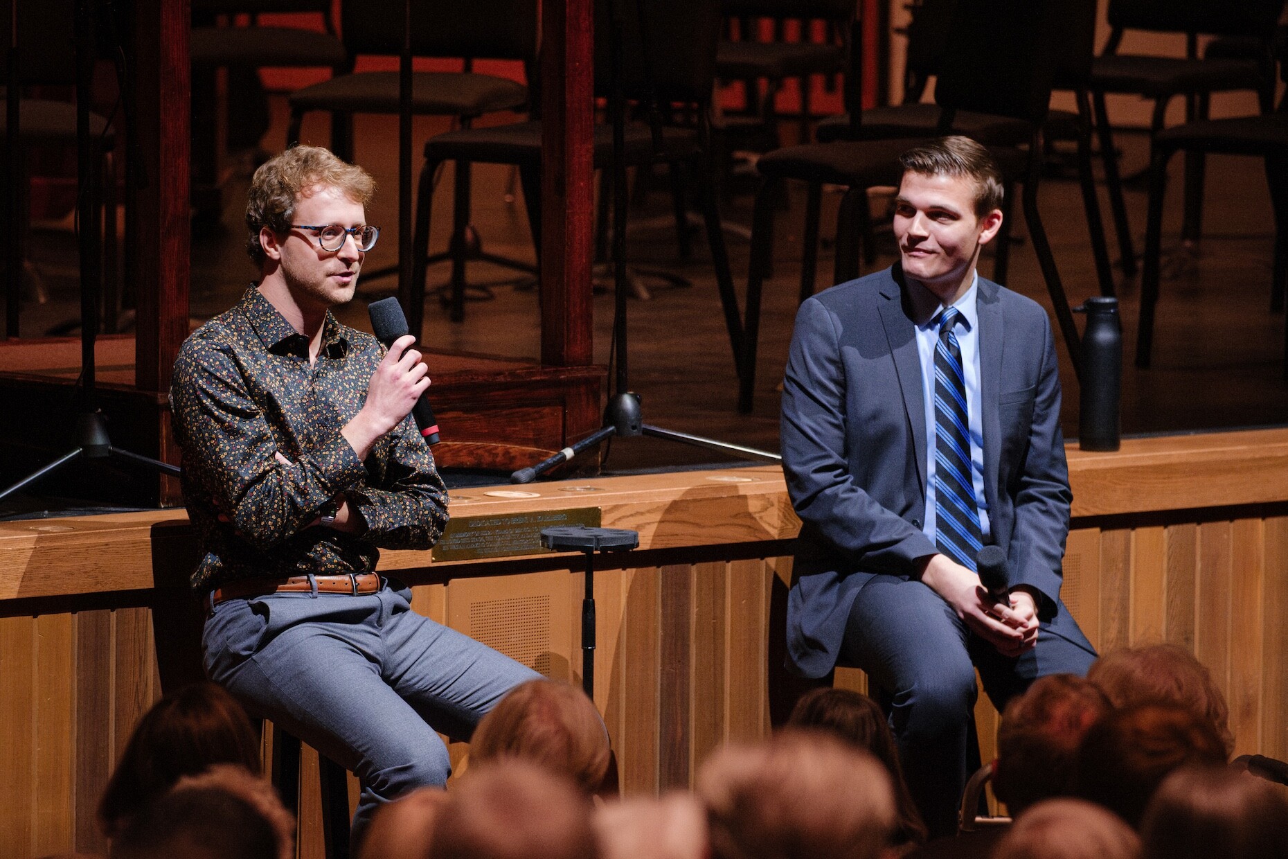 Two speakers address the audience during a Boise Phil pre-concert talk.