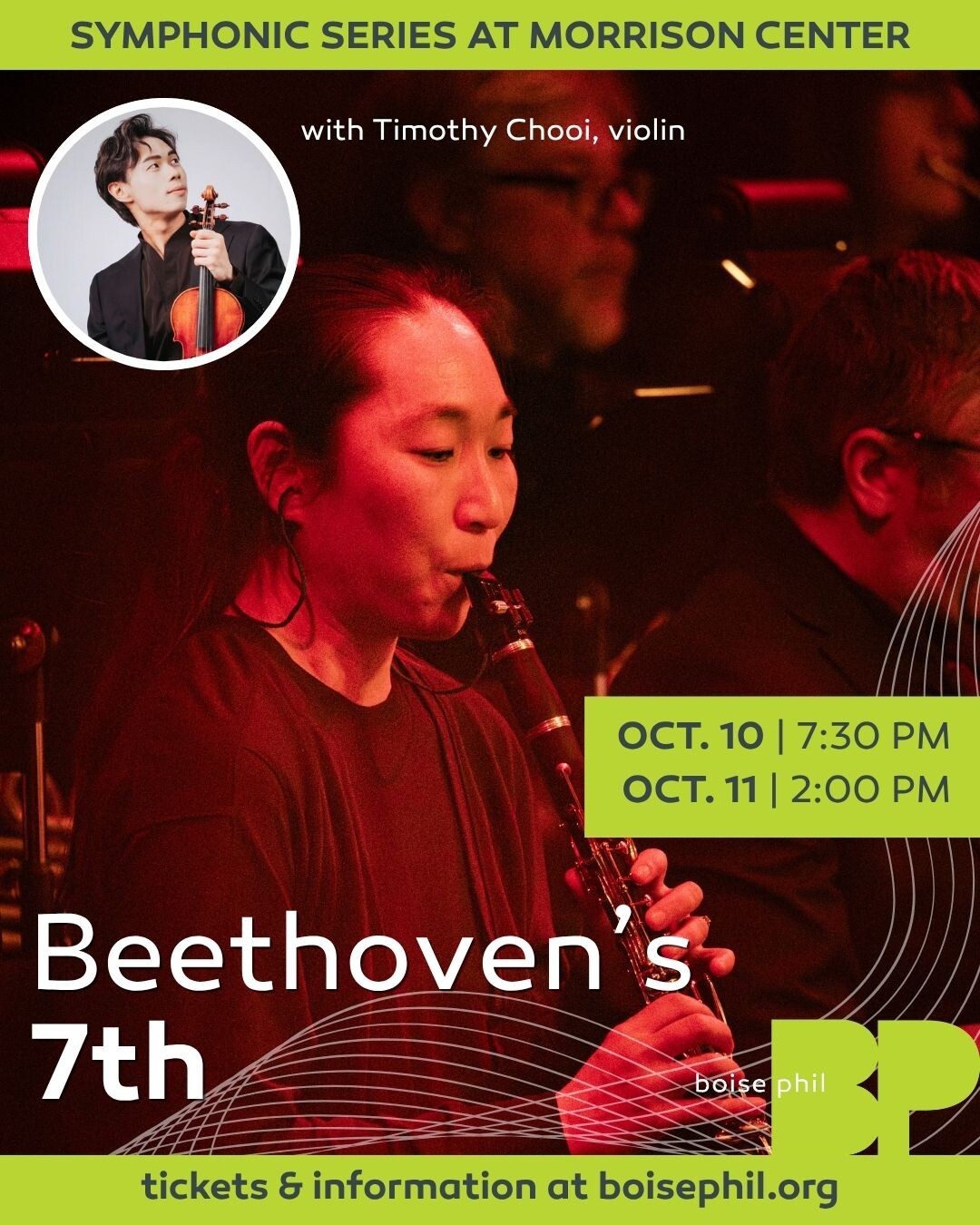 Boise Phil presents Beethoven’s 7th with violinist Timothy Chooi at Morrison Center, October 10 at 7:30 PM and October 11 at 2:00 PM.